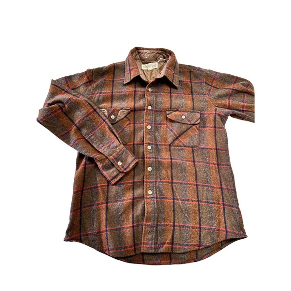 Hilton Field Vintage 70s Wool Blend Plaid Shirt Jacket Mens L Brown Orange - Picture 1 of 11